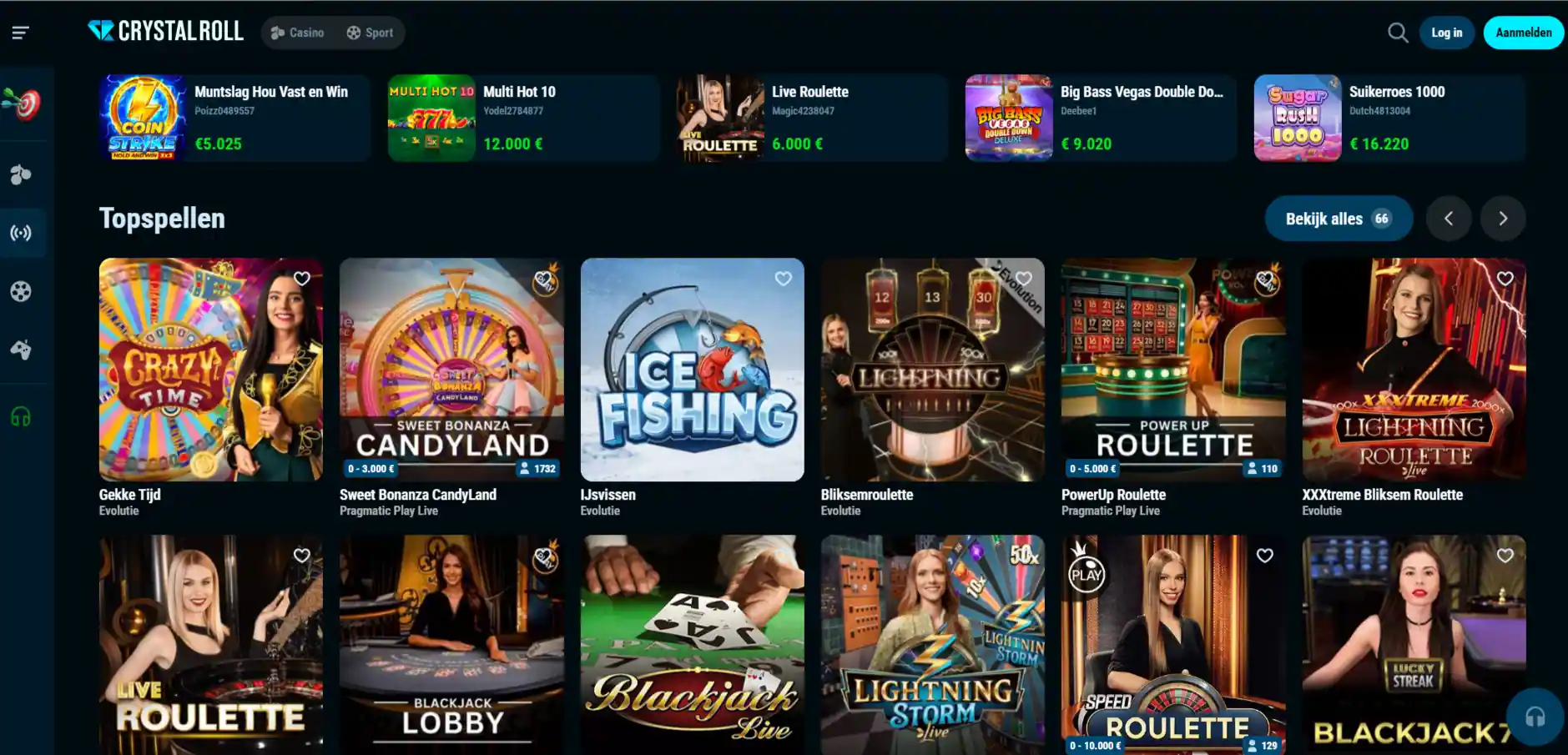 Actuele Crystalroll live casino lobby met Evolution live spellen