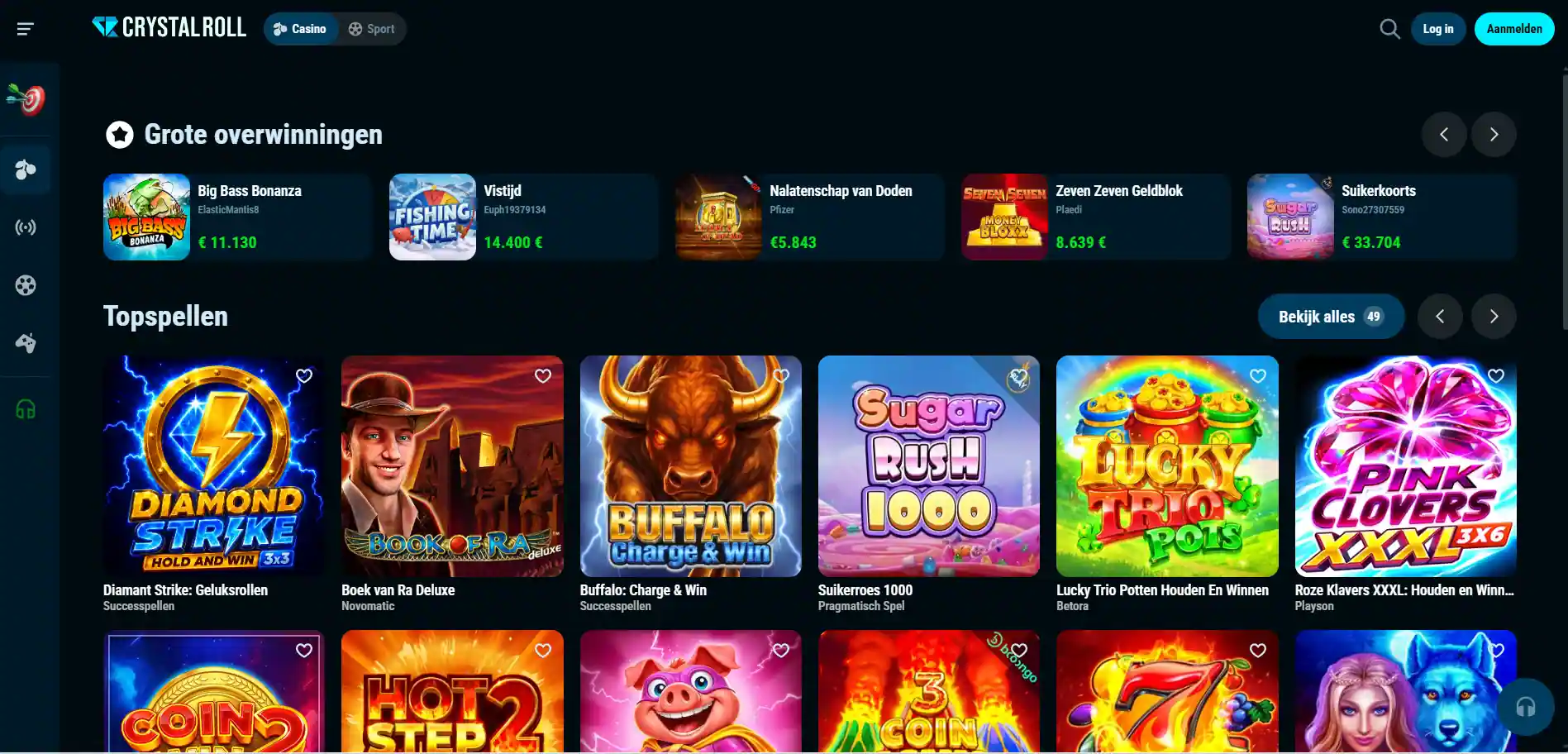 Crystalroll game lobby met categorieën, spellen en ontwikkelaarinformatie