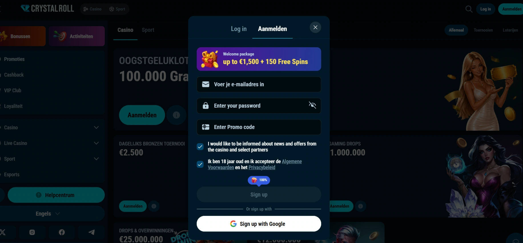 Actuele Crystalroll promotiepagina met de welkomstbonus over drie stortingen