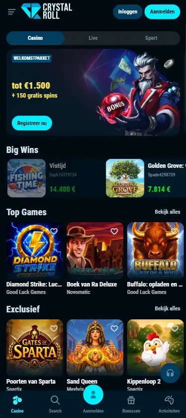 Actuele weergave van de Crystalroll mobiele PWA-interface op een telefoonformaat