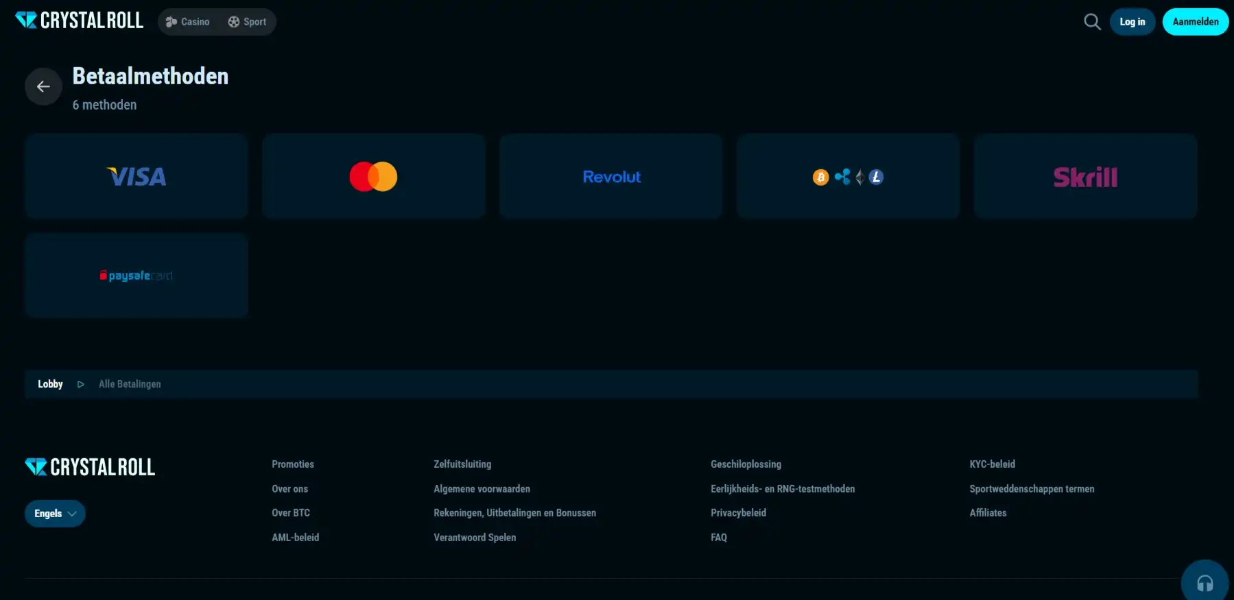 Actuele officiële Crystalroll pagina met betaalmethoden Visa, MasterCard, Apple Pay, Google Pay en crypto