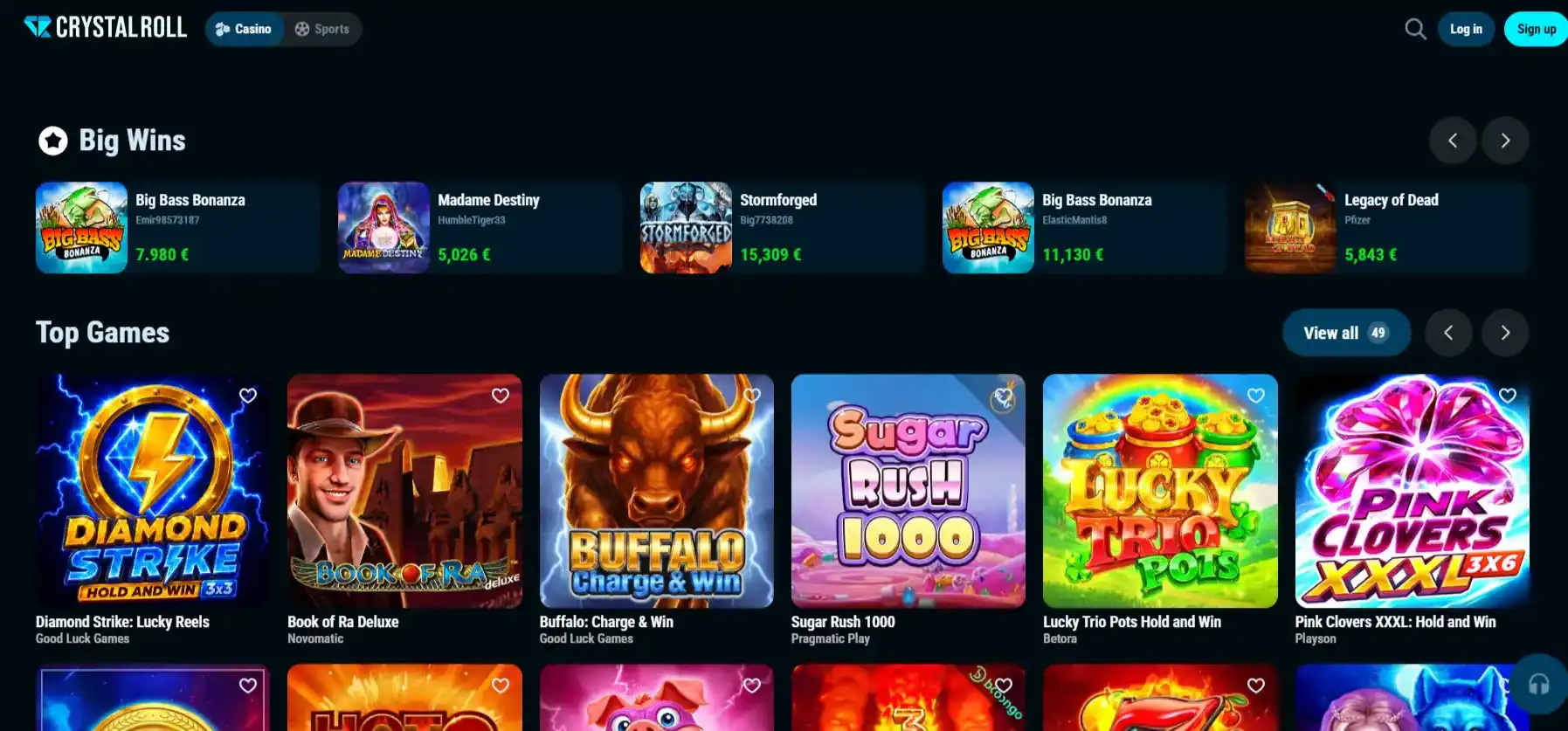 Echte schermafbeelding van de actuele officiële Crystalroll homepage en hoofdnavigatie