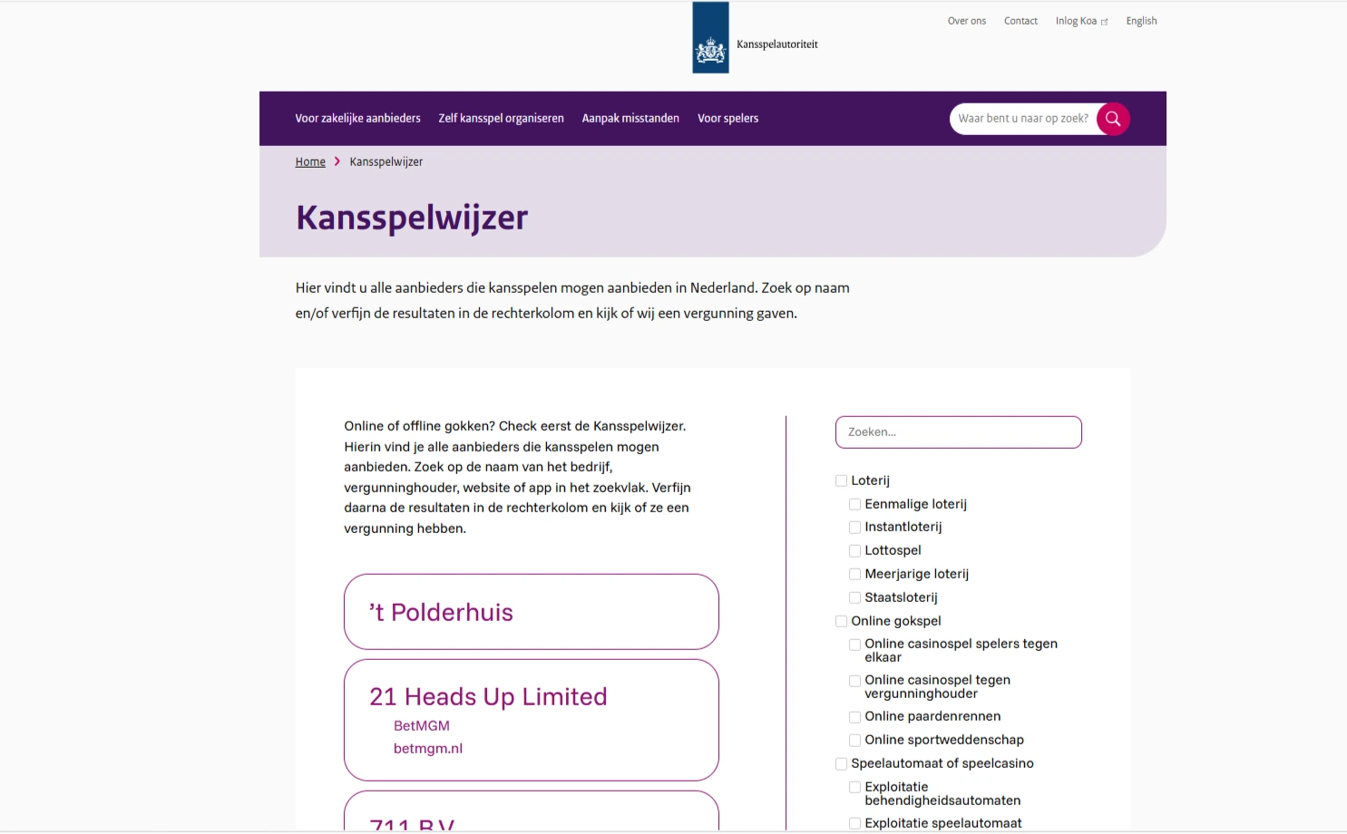 Echte schermafbeelding van de Ksa Kansspelwijzer met de zoekcontext voor vergunninghouders